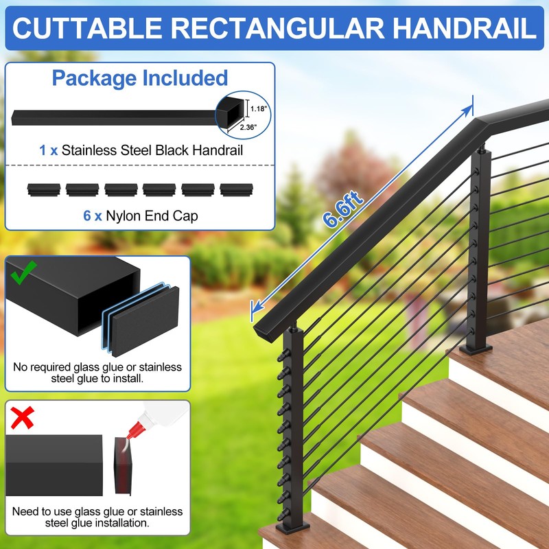 PLANTOP 6'6'' Stainless Steel Rectangular Handrail, Cuttable Cable Railing Handrails