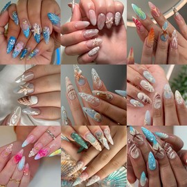 2Sheets Summer Nail Art Stickers Decals 5D Embossed Ocean Life Flower Nail Decals Self-Adhesive Design Shell Starfish Jellyfish Flowers Nails Stickers Summer Ocean Nails Art Supplies for Women Girls
