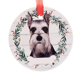 Ceramic Pet hanging Christmas tree decoration or memorial, cute animal image with space to write own name (supplied blank), attached ribbon hanger, 9cm diameter (Schnauzer)