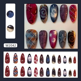 Almond Press on Nails Medium Fake Nails with Designs Stars Moon Glue on Nails Cute Artificial Acrylic Nails Medium Length False Nail Tips Reusable Almond Nail Press ons Stick on Nails for Women