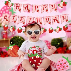 Strawberry Birthday Banner Set of 3 - "Happy Birthday" Red Berry Garland with "Strawberry" Sign, Complete Party Phrase Decor for 1st Birthday, Baby Shower & Dessert Table (Non-Glitter)