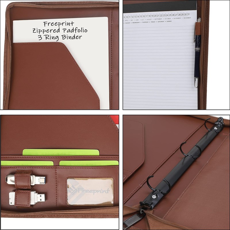 Freeprint Zippered Portfolio 3 Ring Binder Organizer with Writing Pad