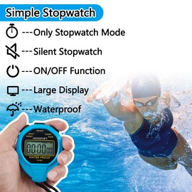 MUSHPORT Waterproof Stopwatch Timer Only Stopwatch Mode, ON/Off Silent No-Clock No-Date No-Countdown Simple Operation, Digital Stop Watch for Swimming Sports, Blue