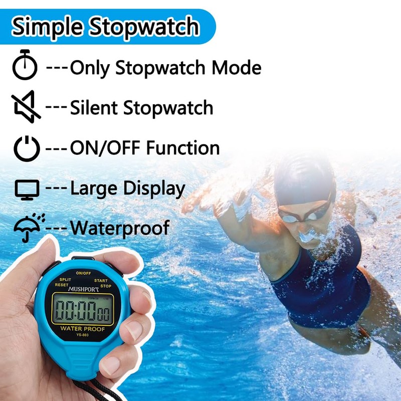 MUSHPORT Waterproof Stopwatch Timer Only Stopwatch Mode, ON/Off Silent No-Clock