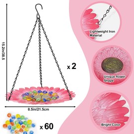 KHayRovies Bee Watering Station for Garden, Bee Bath Feeders for Outside with Vivid Flower Design, Hanging Butterfly Bath Bowl Bee Cups with 60 Glass Balls for Outdoor Courtyard Decoration (2Pcs-Pink)