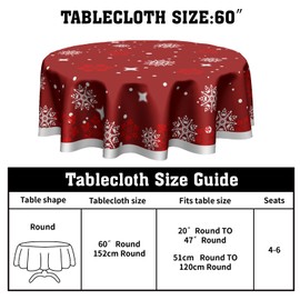 Sweetshow - Mantel de Navidad redondo de invierno rojo y blanco con estrellas de copo de nieve de 60 pulgadas, lavable, resistente a las manchas y a las arrugas, para cenar picnic