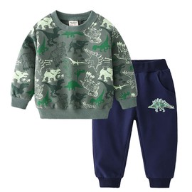 Baby Boy 2 Piece Green Sweatsuits Fall Sweatshirt Sweatpants Set 3T Dinosaur Long Sleeve Pullover Winter Navy Jogger Pants Outfit (Camouflage Dinosaur, 3T)