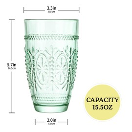 CREATIVELAND Colored Vintage Drinking Glasses Set of 4, 15.5 oz Romantic Embossed Water Glasses, Colored Tumblers Tempered Glass for Juice, Beverages, Beer, Cocktail (Green)