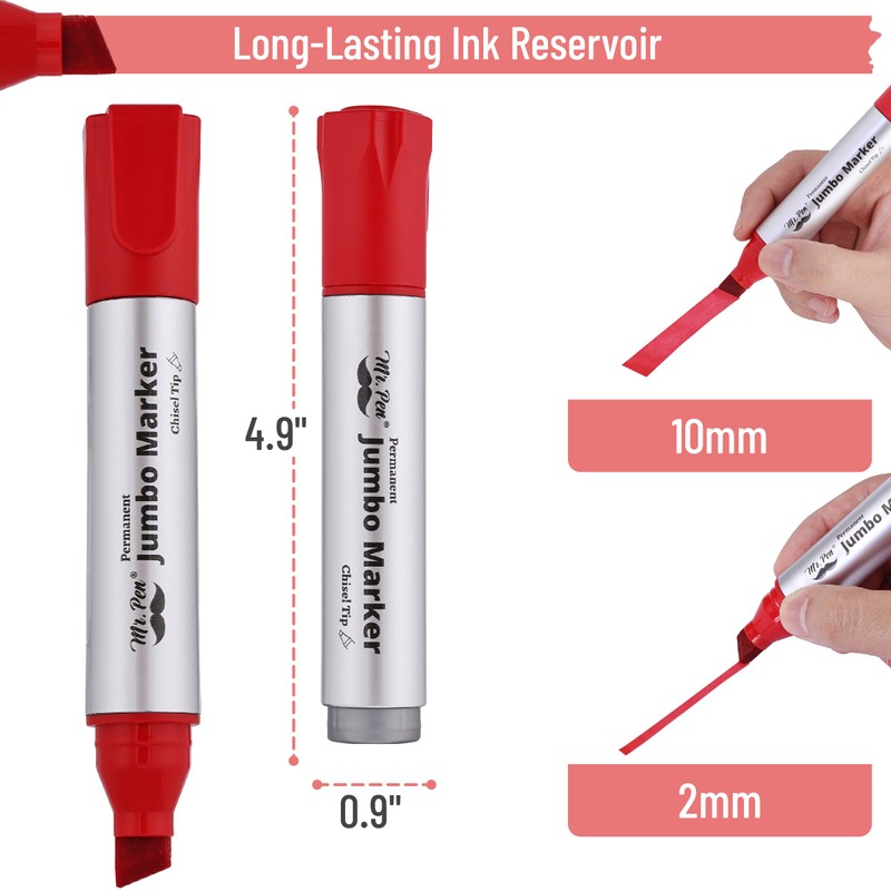 Mr. Pen- Jumbo Permanent Markers, 4 Pack, Red, Chisel Tip,