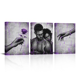Kalormore African American Woman and Man Painting Purple Golden Sweet Love Couple Canvas Wall Art Giclee Prints Gallery Wrap Artwork for Bedroom Living Room Bathroom Decoration (12"x16"x3)