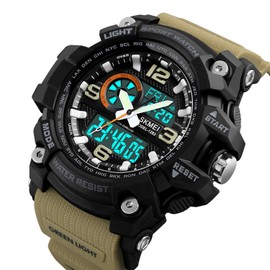Men's Military Watch Sports Outdoor Waterproof Digital Watches with Date Multi Function Tactics LED Alarm Stopwatch Analog Watches 1283 Khaki