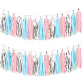 Gender Reveal Tissue Paper Tassel Banner for Wedding,Birthday,Baby Shower Party Decorations，DIY Kits，Pink，Blue，Silver，15PCS