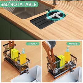 Soporte de esponja para fregadero de cocina con bandeja de drenaje automático, organizador de fregadero de cocina con soporte para cepillos, divisor organizador de platos de acero inoxidable 304 a