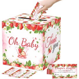 51Pcs Strawberry Diaper Raffle Tickets with Box for Baby Shower Games, A Berry Sweet Baby Is On The Way Diaper Raffle Card Box for Gender Reveal Baby Shower Raffle Oh Baby Party Decoration Card Boxes