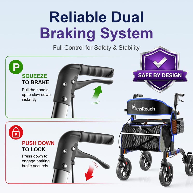 BlessReach Rollator Walkers for Seniors with Seat, Lightweight Walker, Blue