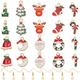 SUNNYCLUE 1 Box 280Pcs Christmas Earrings Kit Christmas Enamel Charms Winter Christmas Tree Charm Santa Claus Reindeer Candy Cane Charm Xmas Charms for jewellery Making Kits DIY Dangle Earrings Gifts
