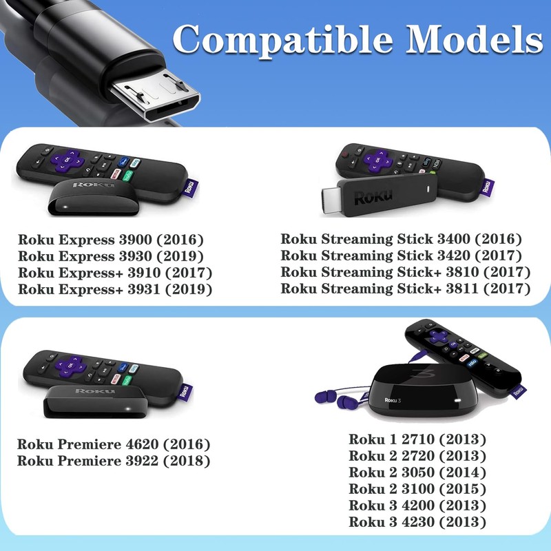 Micro USB Cable Roku Power Cord Replacement 5V 2A Charging