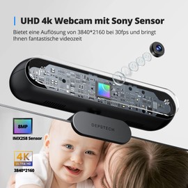 DEPSTECH Webcam 4K, Autofocus Webcam with Sony Sensor, Laptop Webcam with Stereo Dual Microphone, USB Plug & Play, Light Correction, Lens Cap, Tripod, PC Webcam for Skype/Zoom/Streaming/Online