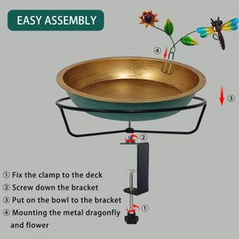 Keygift Deck Bird Bath for Outdoors, 13 Inch Large Green/Bronze Metal Birdbath Bowl with Adjustable Big Steel Clamp Backyard Birdbath Bird Feeder for Railing Balcony Fence Yard Art Garden Decor