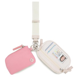 Mini Zip Wristlet Wallet Keychain for Woman Detachable Dual Pouch Wristlet RFID Wristlet Pouch with Portable Coin Purse, Pink＆beige