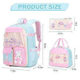 FIXITOK Girls Backpack Set, 3PCS Kids Backpack for Girls, Kawaii Bunny School Backpacks for Girl Kindergarten Elementary Preschool Middle School Bags with Lunch Box Pencil Case Aquamarine