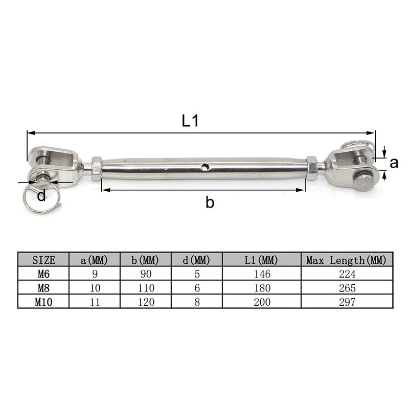 Silver 304 Stainless Steel European Style M8 Turnbuckle Wire Rope