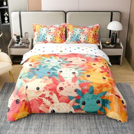 Loussiesd Children's Cute Axolotl 100% Cotton Bed Linen Set 135 x 200 cm Colourful Cartoon Salamander Duvet Cover Set for Boys Girls Kawaii Axolotl Bed Set Ocean Axolotl Bedding Set