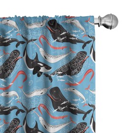 Ambesonne Narwhal Window Curtains, Arctic Giant Sea Mammals Orca White Whale Narwhal Sketch Ocean Fauna, Lightweight Decorative Panels Set of 2 with Rod Pocket, Pair of - 28" x 63", Coral Black