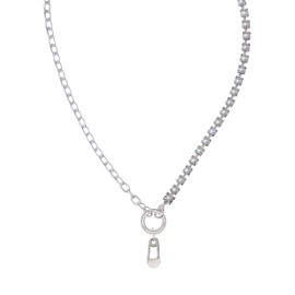 Delight Jewelry Silvertone Clear Frosted Baby Safety Pin Stronger Braver Smarter Mixed Cable and Imitation Pearl Chain Choker Necklace, 14.75-17"