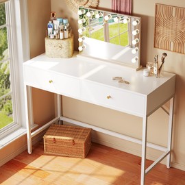 SUPERJARE 39.4" White Desk with 2 Drawers, Modern Makeup Vanity Desk, Small Computer Desk Home Office Desk for Writing Study Bedroom