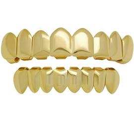 canjoyn 8 Teeth Grillz 18K Gold Top and Bottom Grills Set Shiny Hip Hop Teeth Grillz + Extra Molding Bars