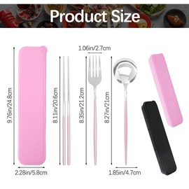 JEPELUS 2 Pcs Chopsticks Fork Spoon Sets with Case, Safe Stainless Steel Pink Black Silverware Set Picnic Camping School Lunch, Portable Reusable Travel Cutlery Flatware Utensils Set Dishwasher Safe