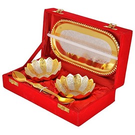 NOBILITY Gold and Silver Plated Bowl Spoon and Tray Set for Diwali, Wedding, Housewarming Return, Daily Puja Mandir Pooja Thali Gift Items 1 Set