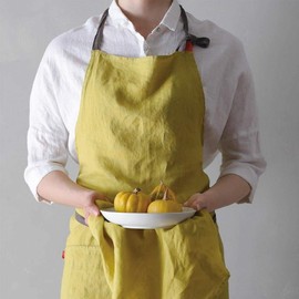 Lino e Lina Full Apron, Manon Mimosa / A218 Apron, Cute, Simple, Natural, Placket Linen