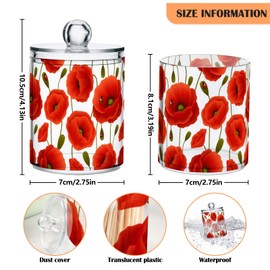 BOENLE 2 Pack Qtip Holder Dispenser Beautiful Red Poppy Flower Storage Canister Bathroom Acrylic Plastic Apothecary Jars Vanity Organizer Lid for Cotton Swab/Ball/Pad