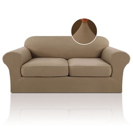 PrinceDeco High Stretch 3-Piece Loveseat Cover Sofa Slipcover for 2 Separate Cushion Couch Furniture Cover/Protector Soft with High Spandex Fabric 72"-88"(2 Cushions), Warm Sand