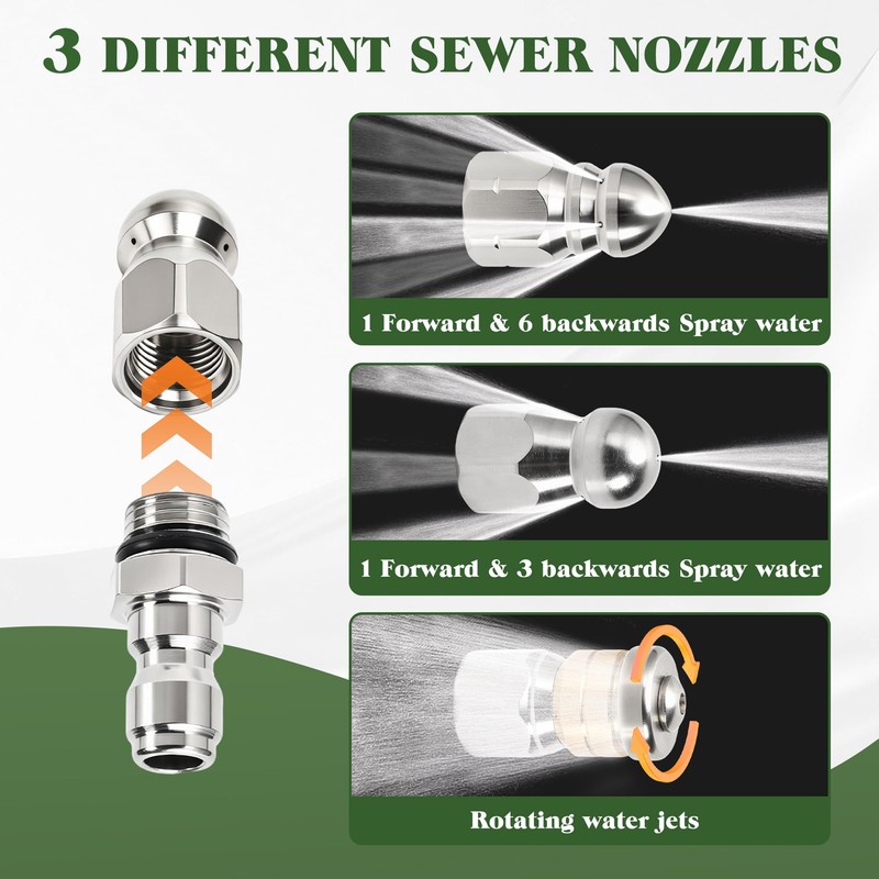 Sewer Jetter Nozzle Kit, 3-Pack Stainless Steel Jet Nozzles with
