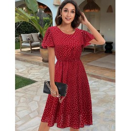 Womens Plus Size Casual Summer Chiffon Polka Dot Boatneck Short Sleeve Wedding Guest Midi Dress Red Small White Dot 2XL
