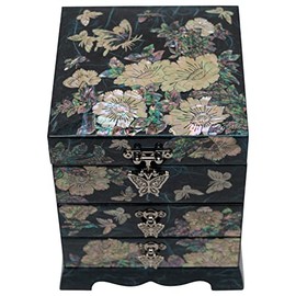 February Mountain Mother of Pearl Jewelry Organizer Storage Box with 2 Drawer Mirror lids- Perfect Display for Earring Necklace Rings Bracelet - Surprise Gifts for Women Decorative Box (Blue)