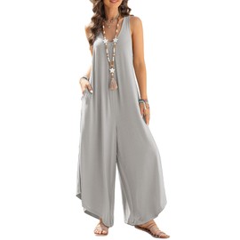 Happy Sailed Women's Casual Summer Loose Jumpsuits Sleeveless Tank V Neck Wide Leg Long Pant Rompers Baggy Jumper with Pockets Light Grey Small
