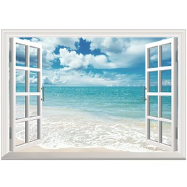 FLFK Fake Window Wall Sticker - Summer Beach Faux Window Wall Mural for Wall Decor, Stick and Peel Wall Decals,48"x32",Set of 2 Sheets