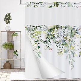 XZTXBest No Hook Floral Shower Curtain with Snap in Liner,Hotel Style Sage Green Eucalyptus Leaves Shower Curtain with See Through Top Window,Waterproof &Machine Washable,71Wx74H