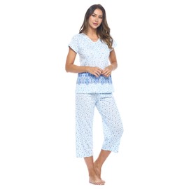 Casual Nights Conjunto de pijama capri para mujer, parte superior con pantalones capri, conjunto de pijama floral, Estampado de borde azul, 3x