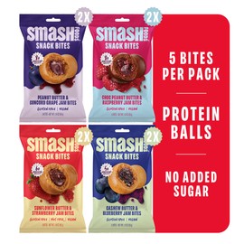 Smash Foods Energy Bites | Variety Pack | 5 Gluten-Free Vegan Snack Balls with No Sugar Added | Protein, Superfood Jam, Chia Seeds | On-the-Go Convenience | 8 Packs