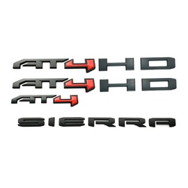 4Pcs AT4 HD Emblem Sierra Letters 3D Side Door Rear Tailgate Badge Sticker Decal NamePlate 85002068 Replacement for Sierra 1500 2500HD 3500HD Canyon (Matte Black Red)