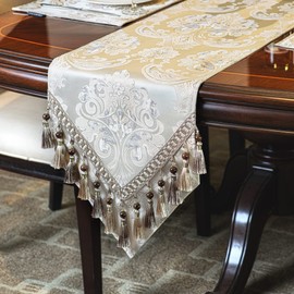 TOPLUXE Table Runner with Handmade Tassels, Luxury Table Runner for Dining Room/Restaurant/Banquet/Festival Decoration (33x228cm, Champagne)