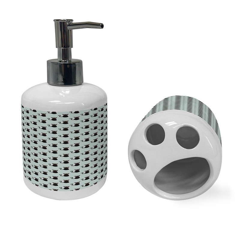 Ambesonne Cat Soap Dispenser & Toothbrush Holder Set, Repetitive Funny