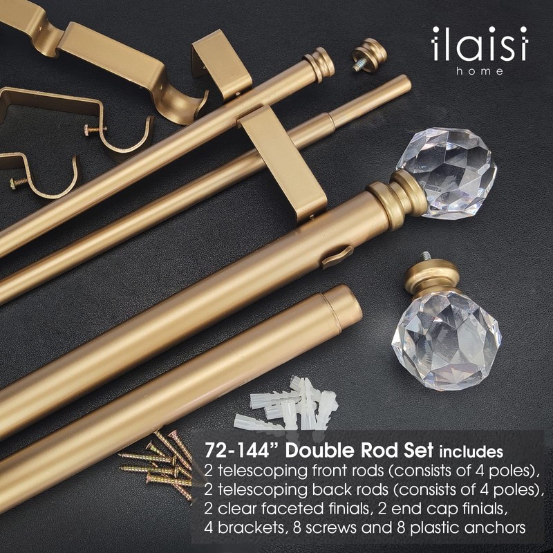 ILAISIHOME Double Curtain Rod Set:1-1/8 Inch Diameter Luxury Silver Curtain