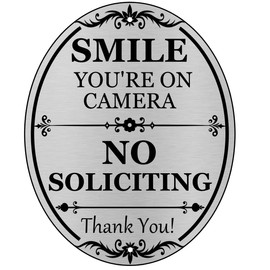No Soliciting Sign, 4" x 5" Self-Adhesive Aluminum Metal No Solicitors Sticker,Weatherproof Surveillance Warning Sign for Home Business (Smile-Brushed Silver)