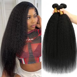 Kinky Straight Bundles Human Hair 18 20 22 Inch Yaki Straight Bundles Real Human Hair Bundles 100% Unprocessed Brazilian Hair 3 Bundles Deals Kinkycurly Human Hair Extensions Quick Weave Natural Black